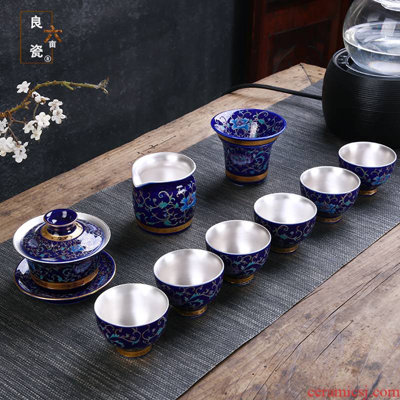 Jingdezhen ceramic tea set 999 silvering pick flowers pastel colored enamel covered bowl of a complete set of 6 sample tea cup set of silver