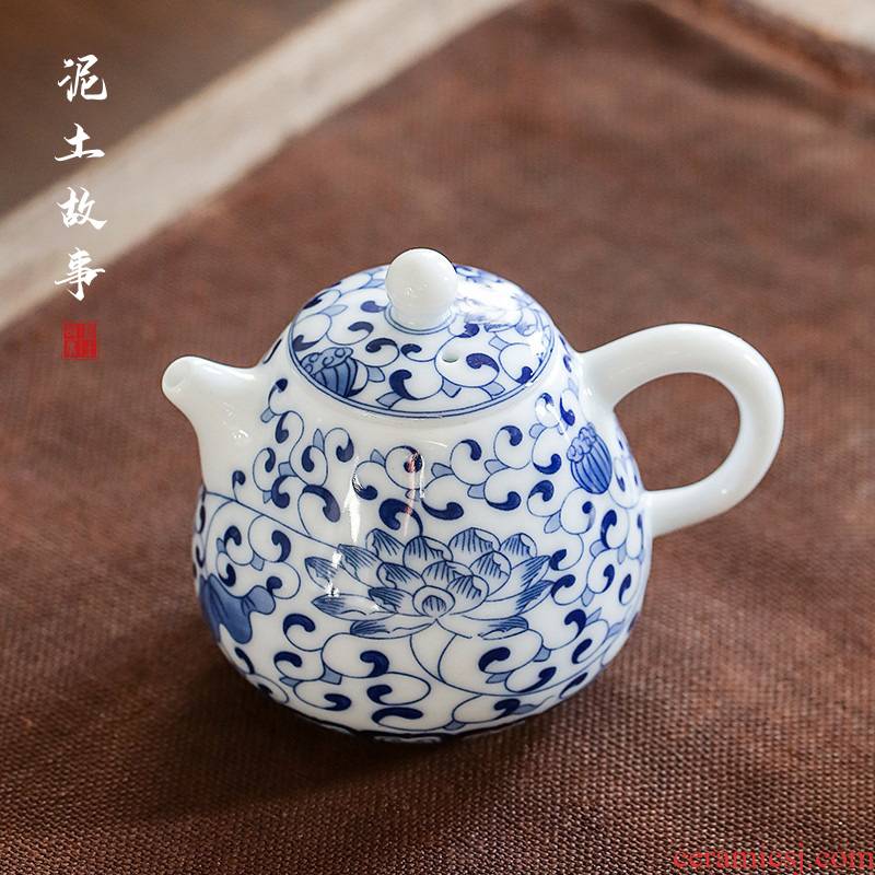 Earth story hand - sketching jingdezhen blue and white porcelain teapot household ceramics kung fu tea set single make tea pot small filter