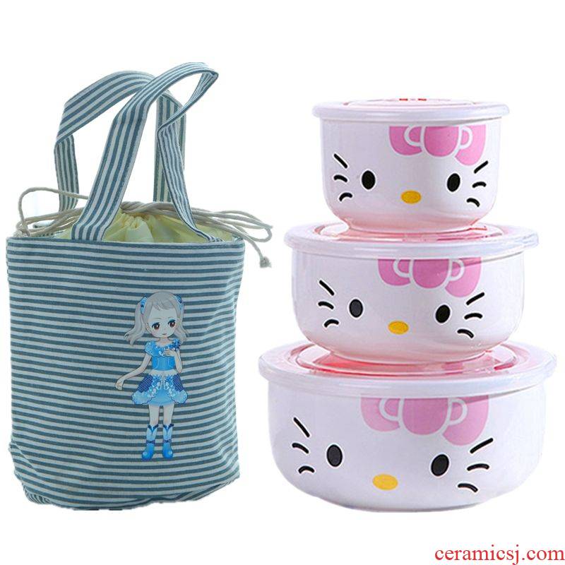 Three - piece ceramic preservation bowl with cover crisper any frozen storage to use insulation bag in the microwave oven