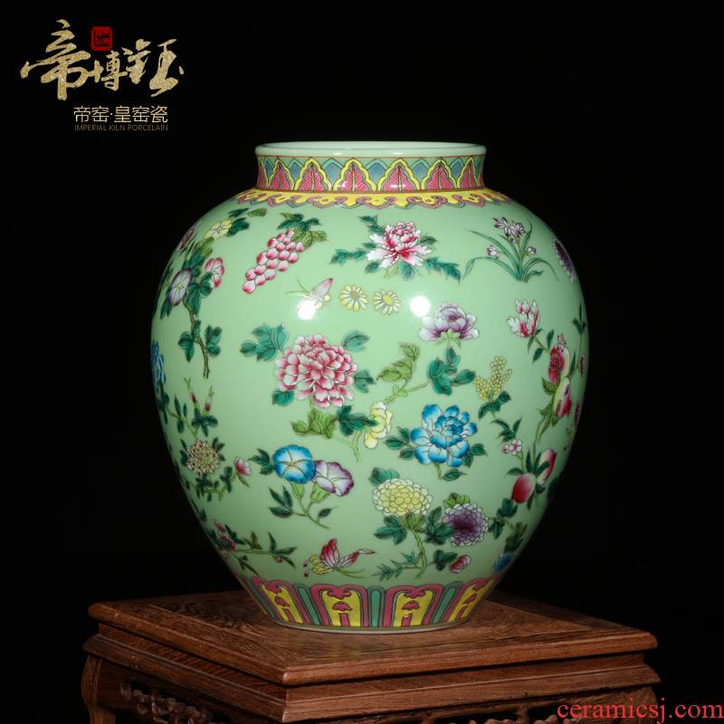 Jingdezhen ceramic vase furnishing articles antique hand - made pastel pea green glaze painting of flowers and small round the altar high - grade handicraft sitting room