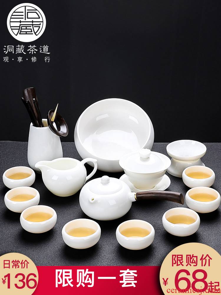 White porcelain tea set in floor household contracted kung fu tea set dehua suet jade porcelain teapot teacup set