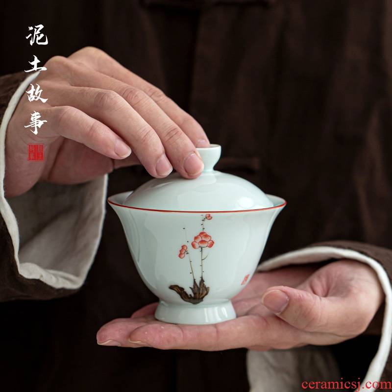 Soil hand - made name plum blossom put tureen jingdezhen three story manual under glaze color porcelain large - sized kung fu tea bowl