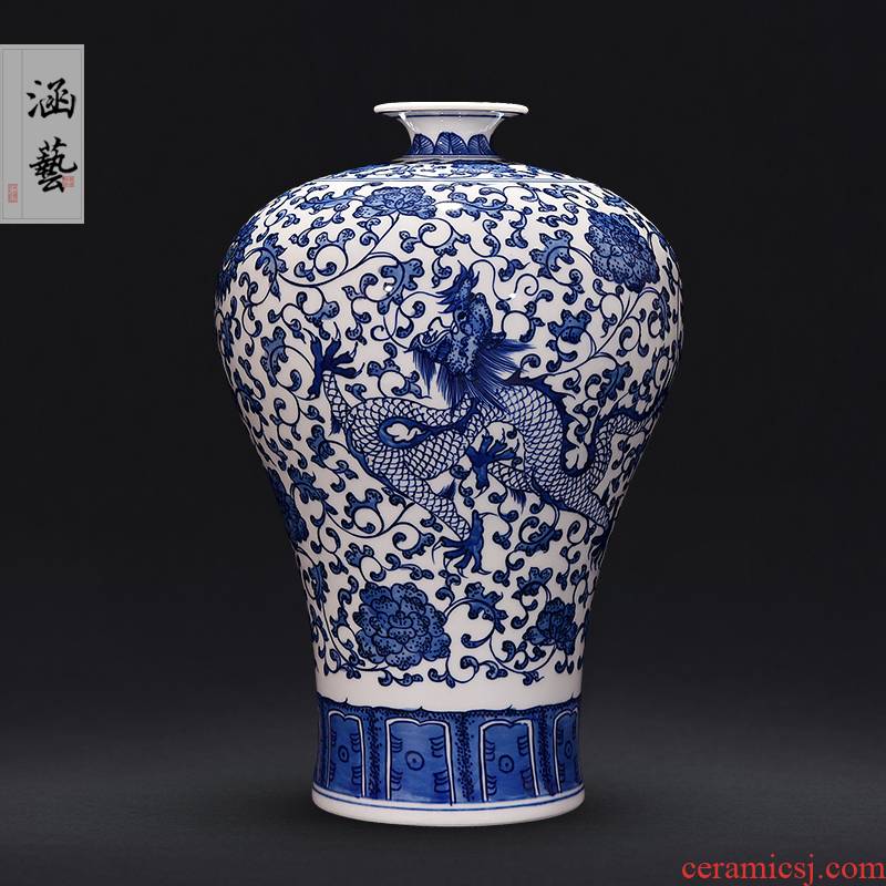 Jingdezhen ceramics hand - made longfeng of blue and white porcelain vase furnishing articles flower arranging new Chinese style living room decoration craft gift