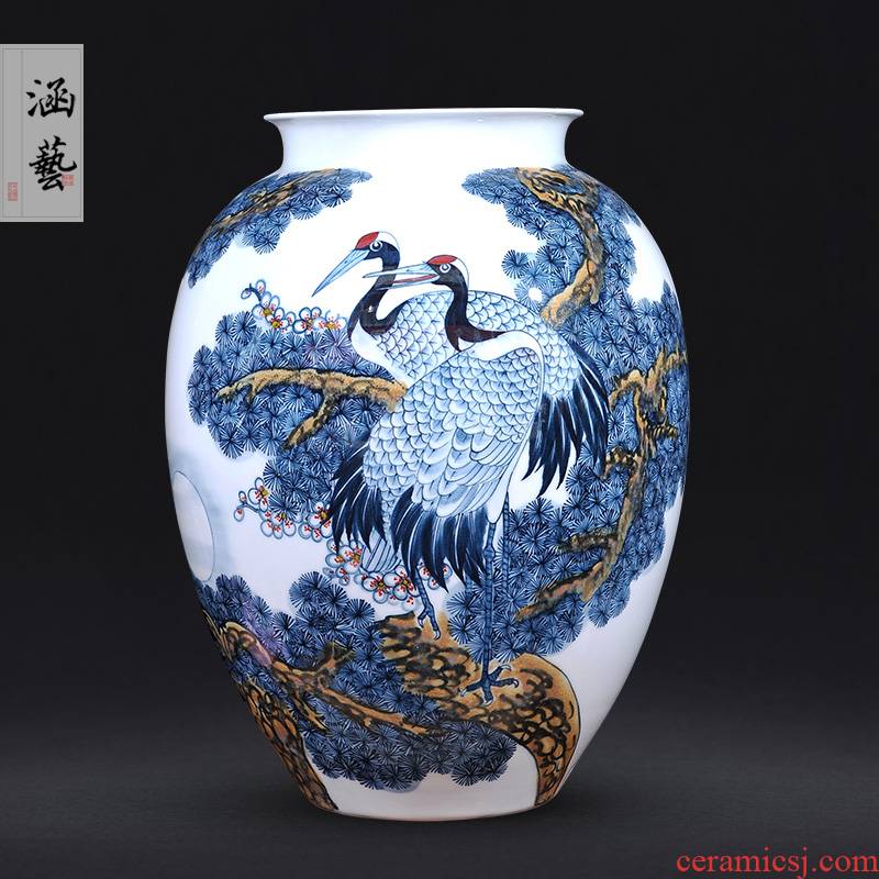 Jingdezhen blue and white pine crane, live rich hand - made ceramics tube of new Chinese style living room decoration furnishing articles craft gift