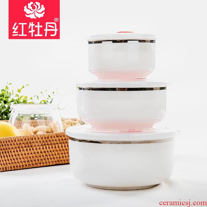 Red peony ipads China preservation bowl three - piece microwave sealing bowl of noodles with cover large size ceramic bowl bento lunch box