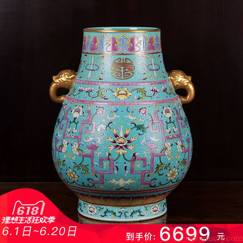Jingdezhen ceramics imitation the qing qianlong pastel green, see the bucket bottom pick flower vase household handicraft furnishing articles