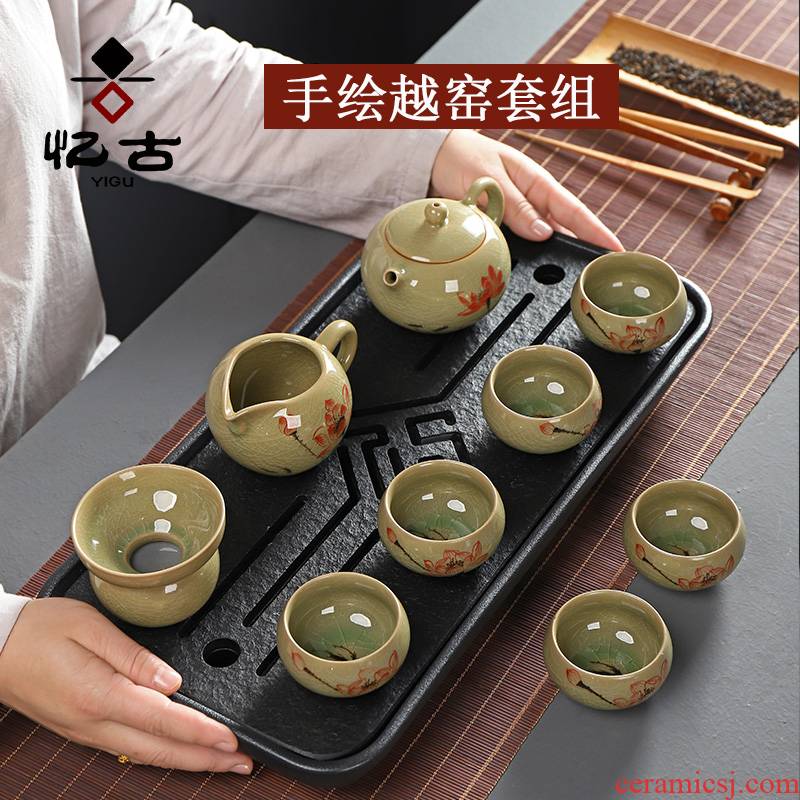 Have hand the ancient tea set ceramic up kung fu tea set household teapot teacup tureen coloured drawing or pattern of a complete set of tea sets