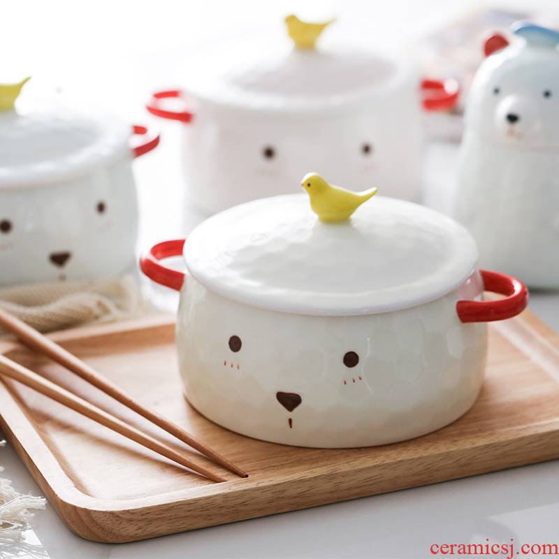 Boss have baby bear ceramic terms rainbow such as bowl, lovely cartoon family dormitory single with cover ears soup bowl