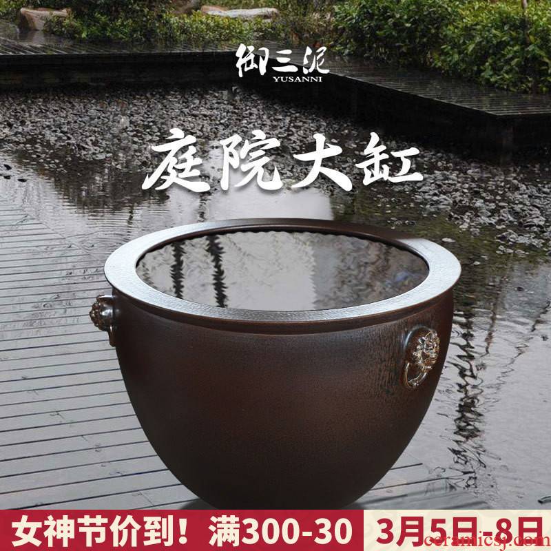 Jingdezhen ceramic big fish tank water lily tortoise cylinder engraving large sitting room extra large earthenware tank goldfish bowl