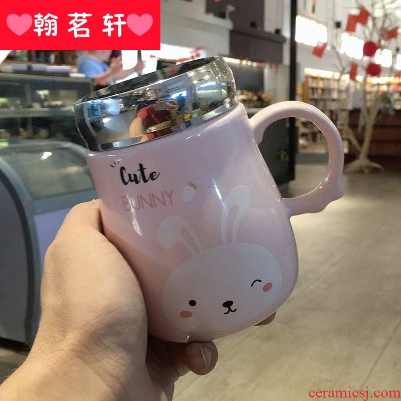 Express cartoon water mark cup high - capacity ceramic cup with cover household teaspoons of milk breakfast cup men and women to go to school