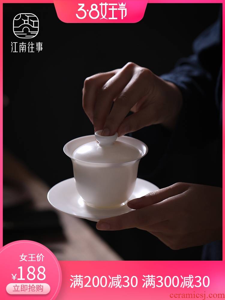 Jiangnan past tureen suet jade white porcelain dehua three cups to make tea bowl, ceramic large household utensils