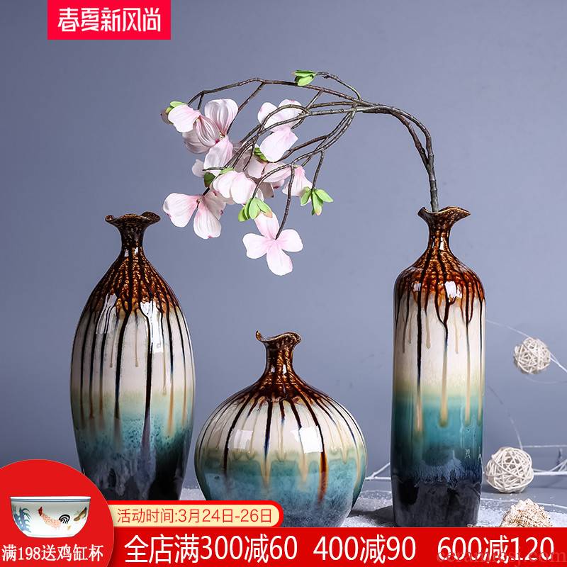 Jingdezhen ceramic vase three - piece antique porcelain table flower implement modern new Chinese style living room decoration