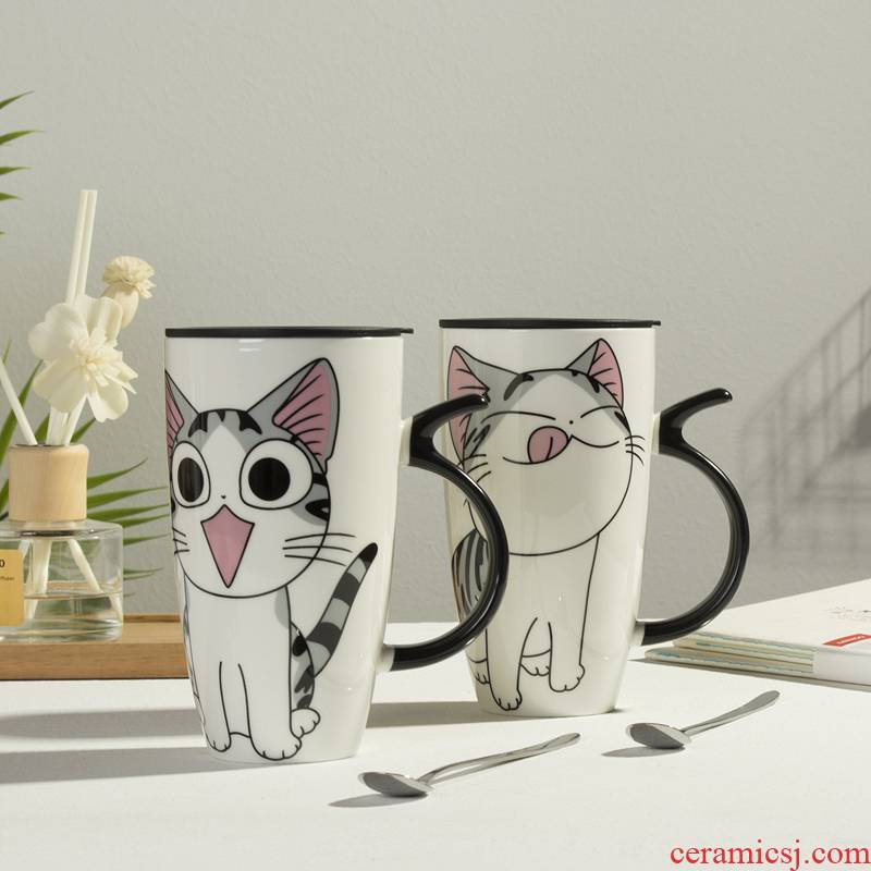 Creative move trend of high - capacity ceramic cup ultimately responds cup with cover with a spoon and lovely cartoon cat mark cup cheese