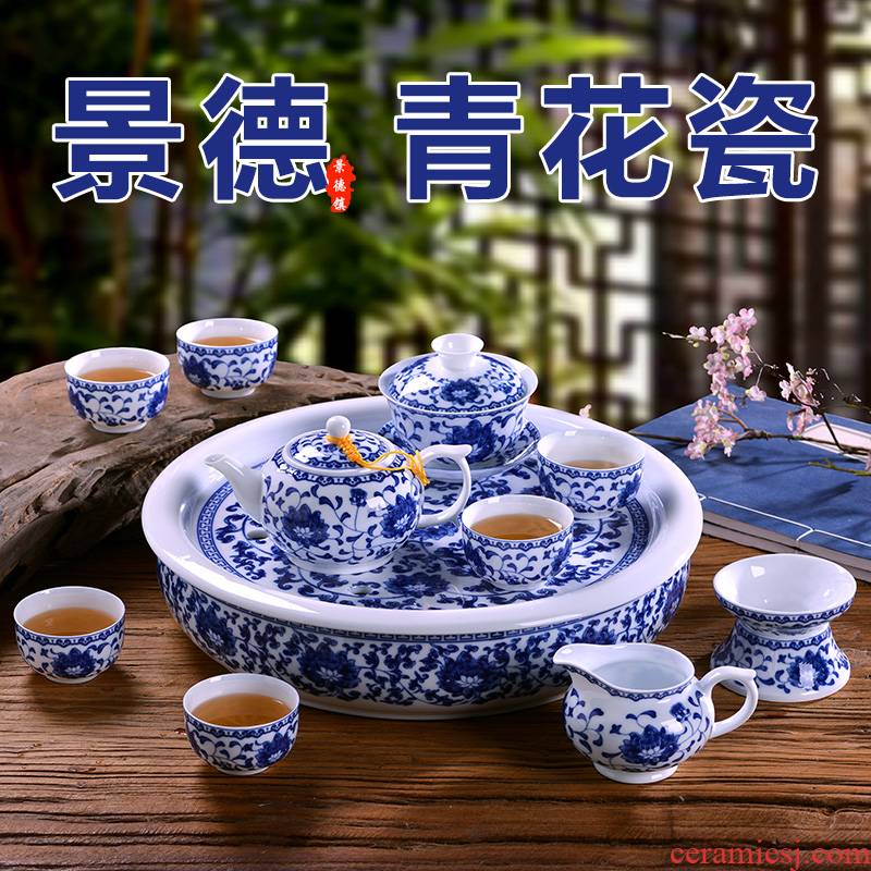A complete set of kung fu tea set jingdezhen household of Chinese style restoring ancient ways of blue and white porcelain ceramic cups gift teapot tea tray