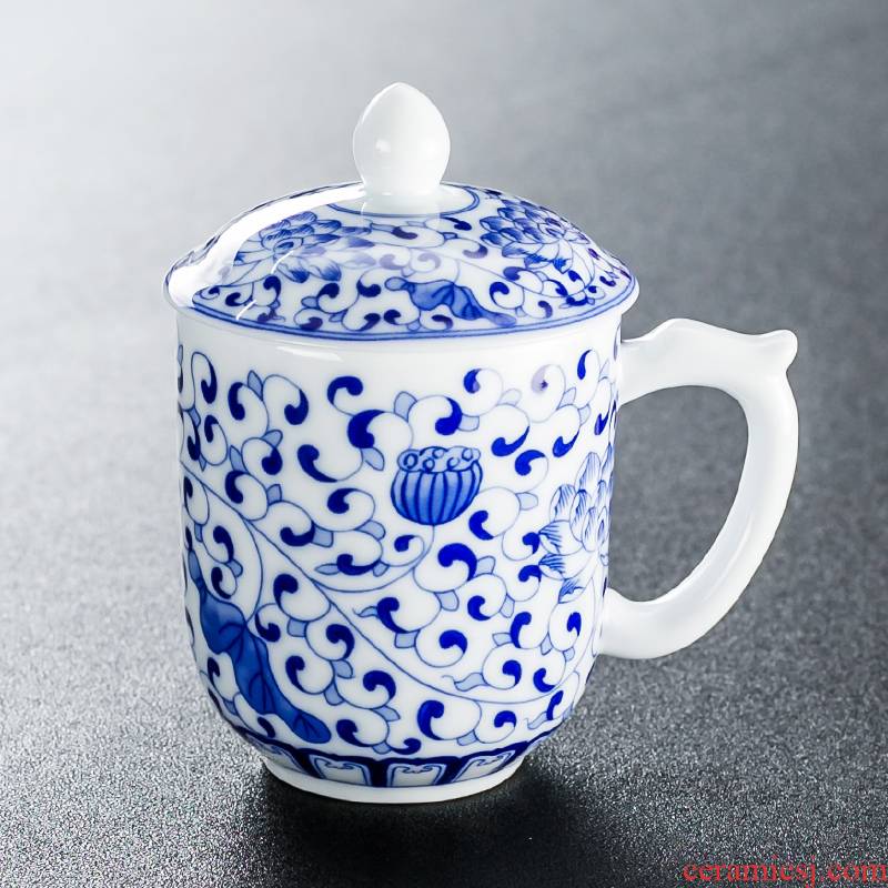 NiuRen single cup mark cup with cover ceramic cups office of blue and white porcelain cup household contracted individual cup tea cups