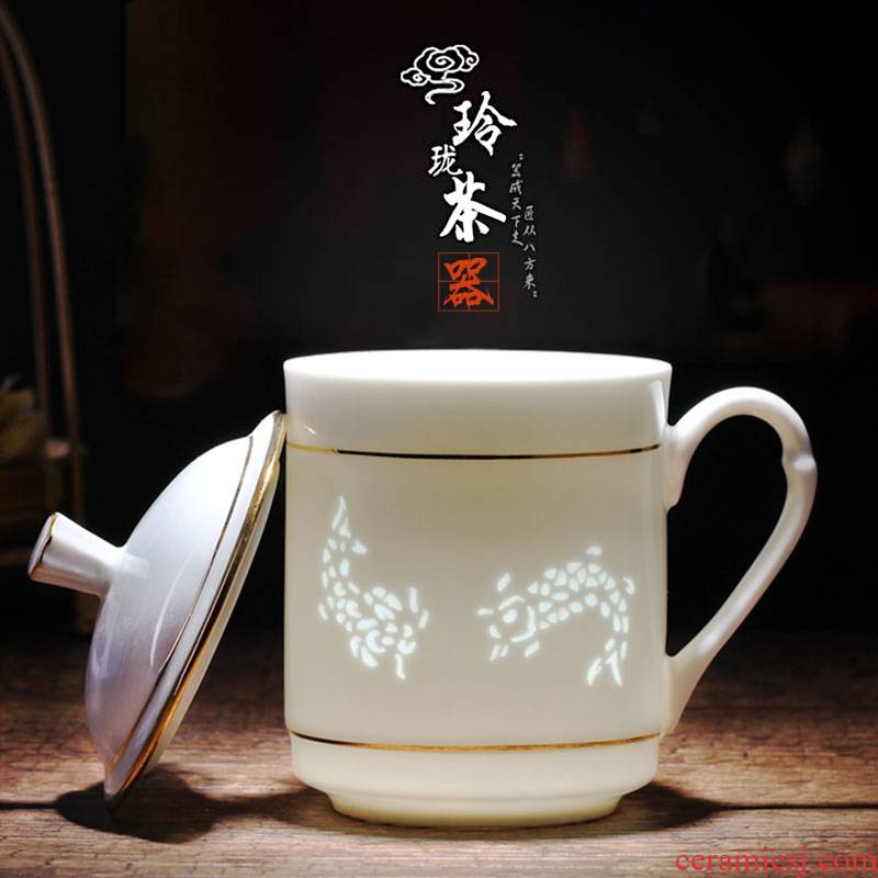 Jingdezhen ceramic cups office cup home with cover glass cup hand - made by patterns and exquisite see colour cup and meeting