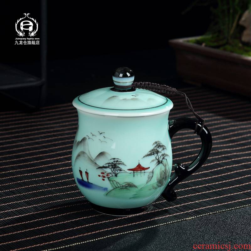DH jingdezhen ceramic large capacity cup with cover the boss celadon hand - made personal office cup cup single cup tea cup