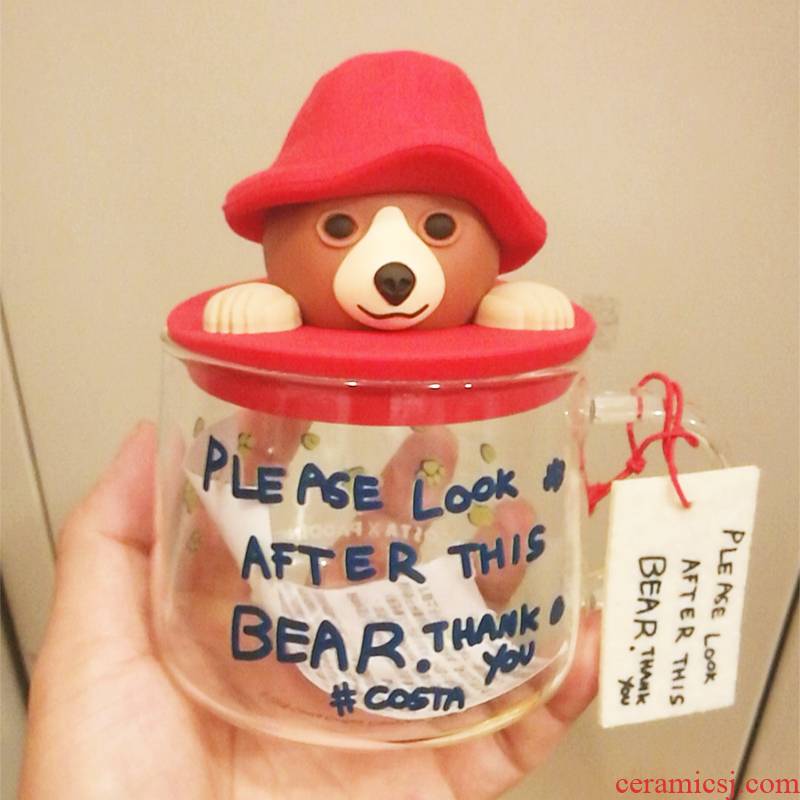 Paddington bear cup double mark cup with cover glass ceramic heat cold water cup spot