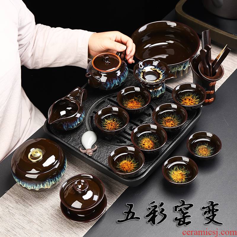 Have light tea set household thus temmoku glaze up ceramic kung fu tea tray teapot teacup of a complete set of tea set