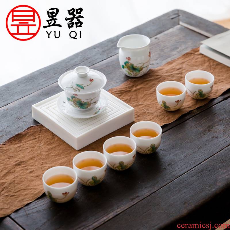 Yu ware jingdezhen ceramic hand - made pastel tureen suit jade mud of a complete set of tea cups kung fu tea gift box packaging