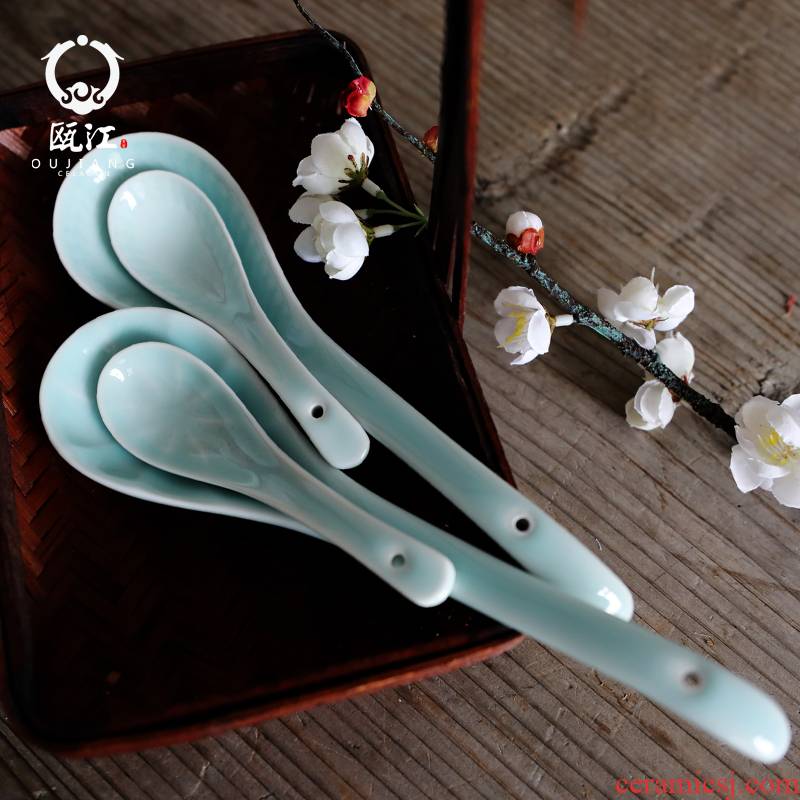 Oujiang longquan celadon spoon violet flowers creative element face small spoon ladle ceramic spoon, lead - free healthy dishes