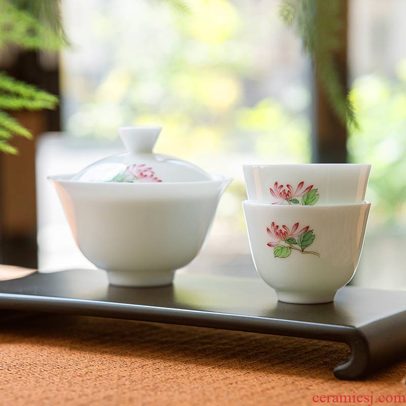 JingLan jingdezhen ceramic kung fu tea set a set of hand made peony tureen two manual white porcelain cups
