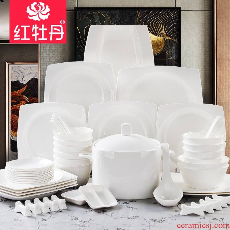 Red peony pure white ipads porcelain tableware suit dishes dishes suit household white porcelain bowl of rice bowls ceramic plate