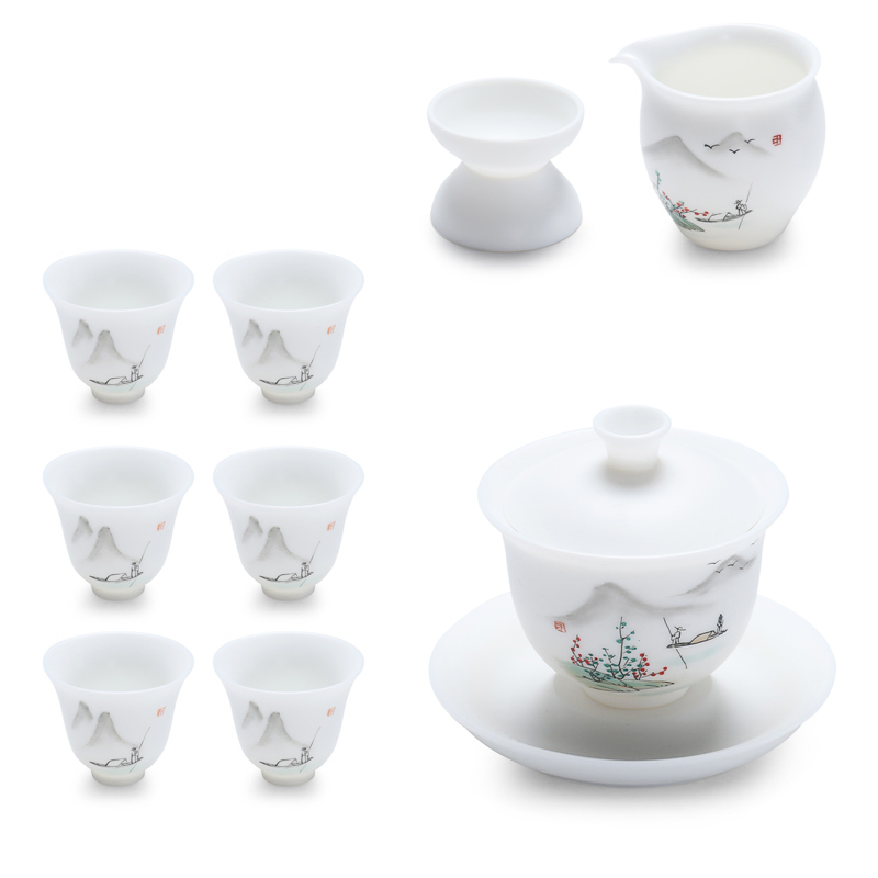 True sheng suet jade porcelain tea set household white porcelain ceramic kung fu tea cups of a complete set of the teapot