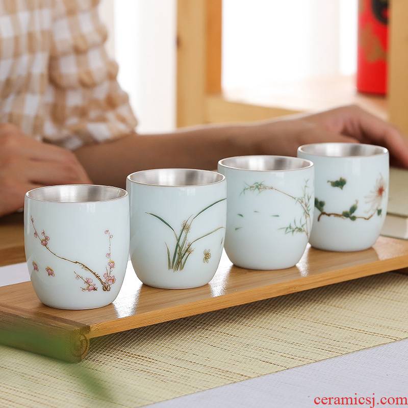 Celadon ceramic cups silver cup silver 999 authentic kung fu tea set creative manual coppering. As silver tea tea cup