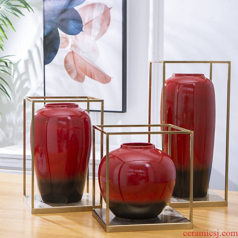 New Chinese style ceramic vase red light much creative copper furnishing articles sitting room dry flower, dried flower, flower implement home decoration