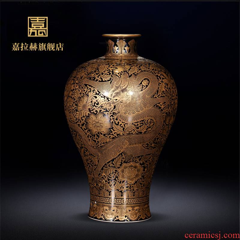 Master YangShiQi hand - made ji jia lage jingdezhen ceramics glaze blue see colour carved heart bottles of antique vase