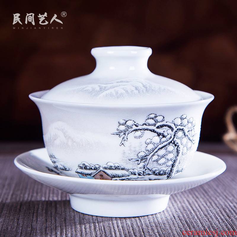 Jingdezhen tureen hand - made ceramic tea set manually pastel snow only three bowl of kung fu tubas catch a bowl of tea cups