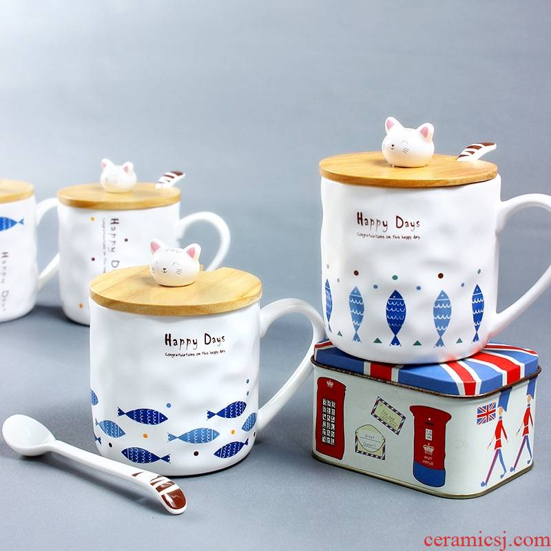 Japanese Zakka creative cartoon cat and fish mark ceramic cup with a spoon with cover breakfast milk cup
