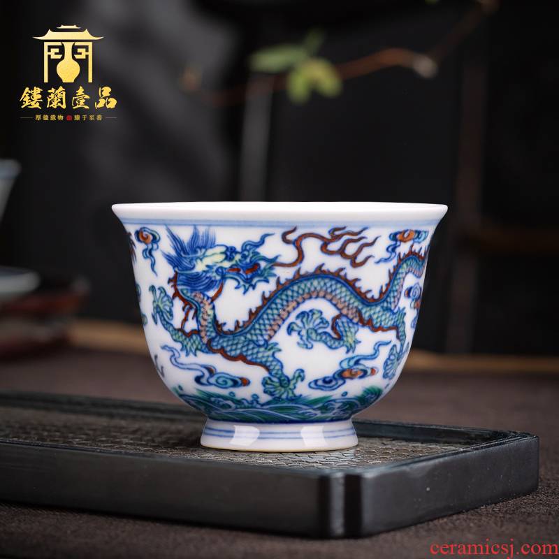 Jingdezhen blue and white color bucket pure hand - made ceramic dragon playing beads bell cup master cup tea tea cups