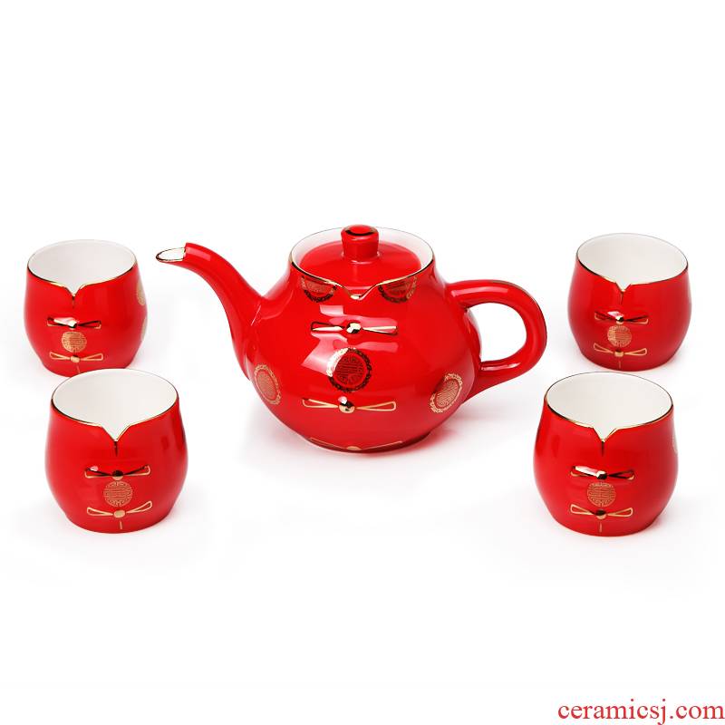 Chinese red porcelain tea set suits for ipads porcelain tang suit five ceramic teapot teacup wedding gift blessing xiang feels ashamed up