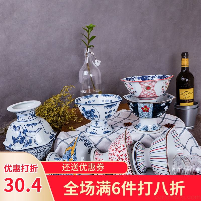 Three ceramic tall bowl dessert bowl of Japanese household fruit salad bowl of blue and white porcelain tableware soup bowl single rainbow such use