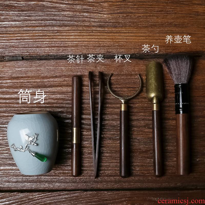 Ceramic tea six gentleman 's suit ebony wood household kung fu tea accessories detong ChaZhen ChaGa tea spoon