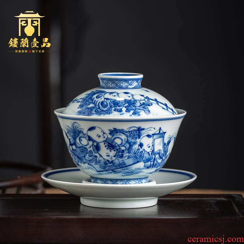 Jingdezhen ceramic hand - made lad of blue and white porcelain all three tureen large household kung fu tea tea bowl cups