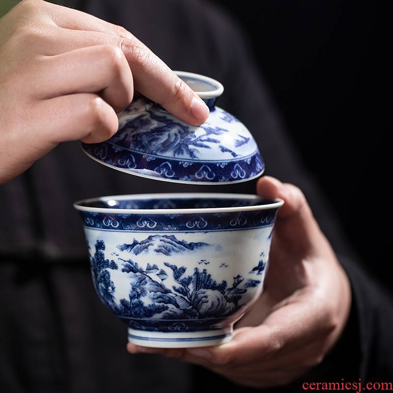 Clock home up jingdezhen blue and white landscape manual hand - made maintain tureen tea bowl three bowl of large - sized kung fu tea set