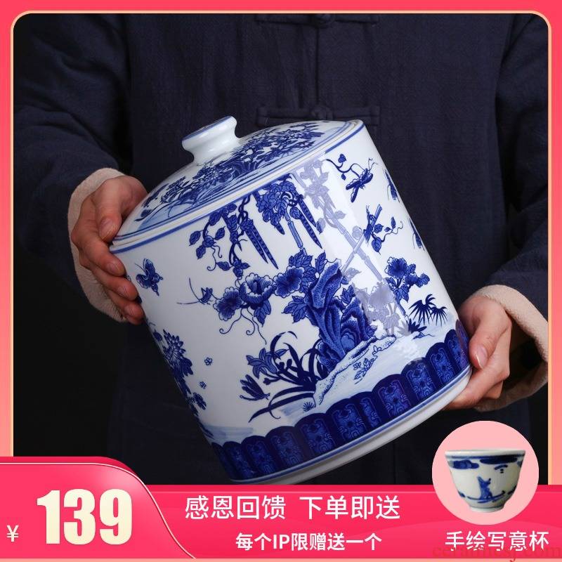 Jingdezhen ceramic bread seven pu 'er tea pot home tea sealed as cans a large store of blue and white porcelain tea pot