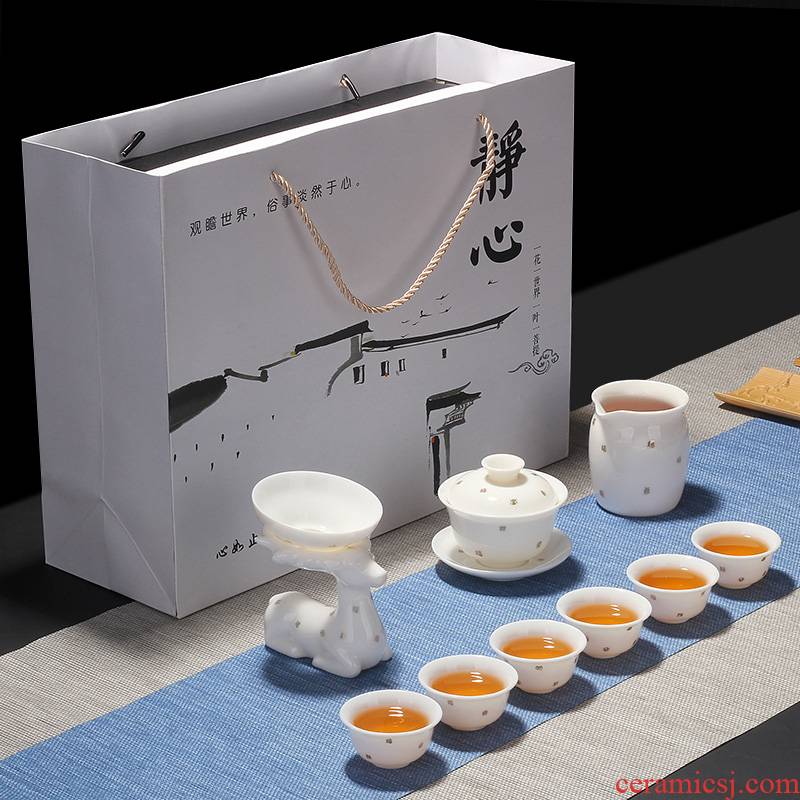Leopard lam suet jade porcelain kung fu tea set a complete set of white porcelain tea cups of tea tureen teapot household ceramics