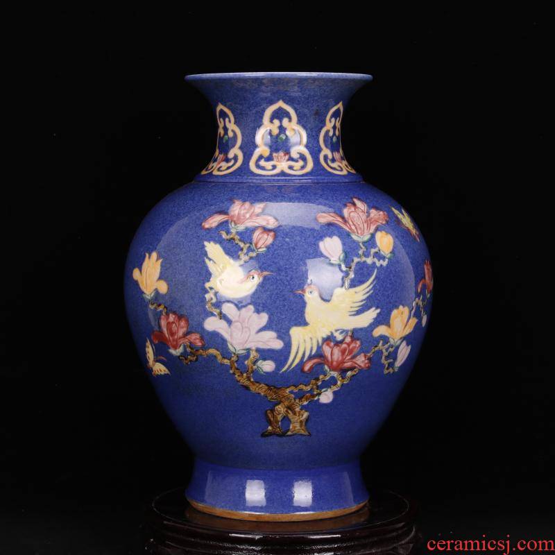 Jingdezhen imitation Ming xuande is antique antique carved flowers and birds in grain blue vase archaize porcelain Chinese style restoring ancient ways furnishing articles