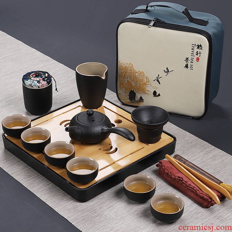 In Japanese black pottery building portable travel tea set kung fu tea teapot teacup of a complete set of ceramic tea tray