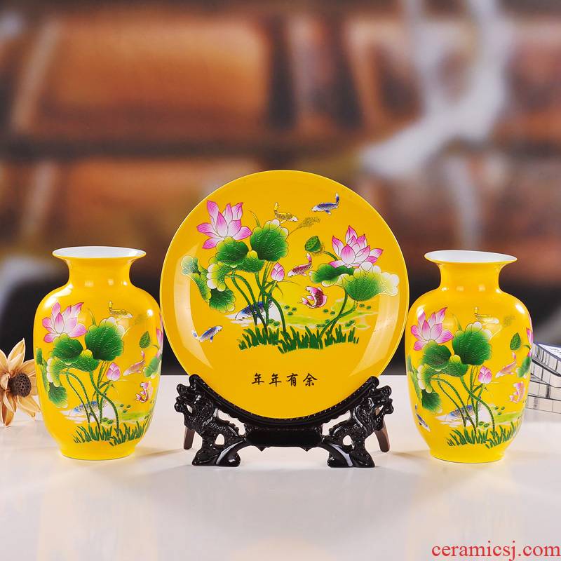 Jingdezhen ceramics glaze crystal lotus three - piece suit modern fashion vase plates home handicraft furnishing articles