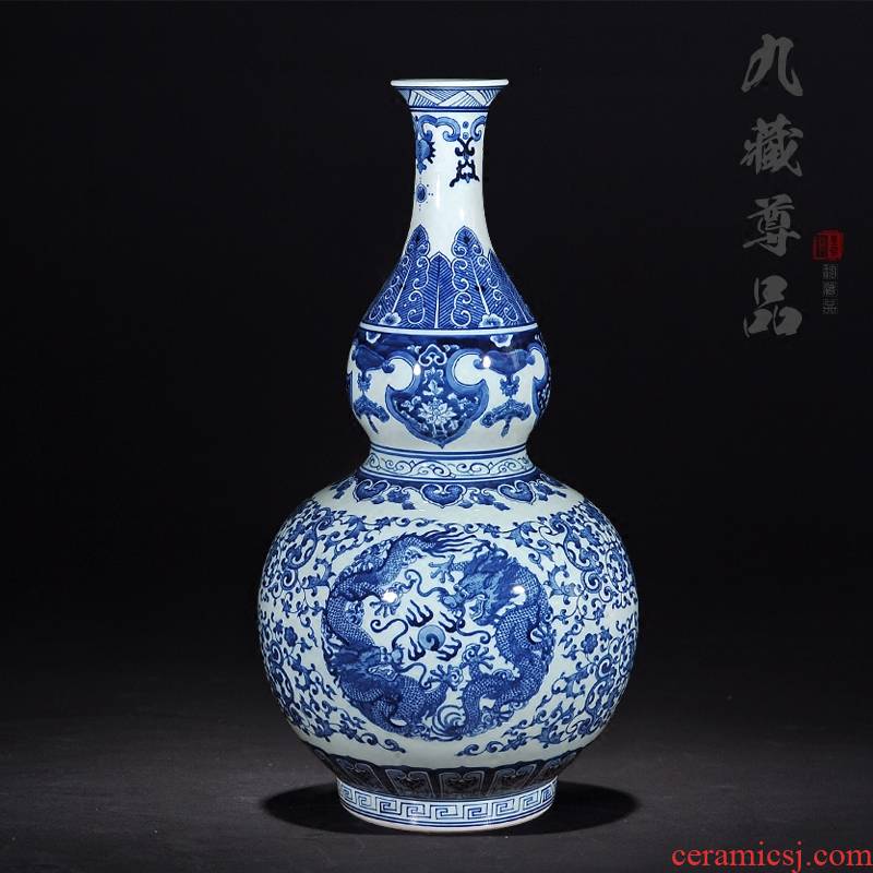 Jingdezhen ceramics antique blue and white porcelain dragon playing bead home sitting room put gourd vases, decorative arts and crafts
