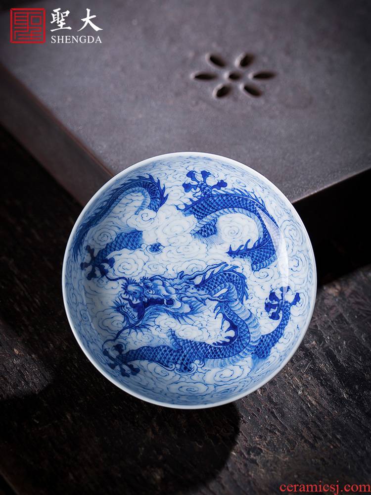 Holy big ceramic kung fu tea sample tea cup ji blue hand - made cloud longfeng pu - erh tea master of jingdezhen tea service