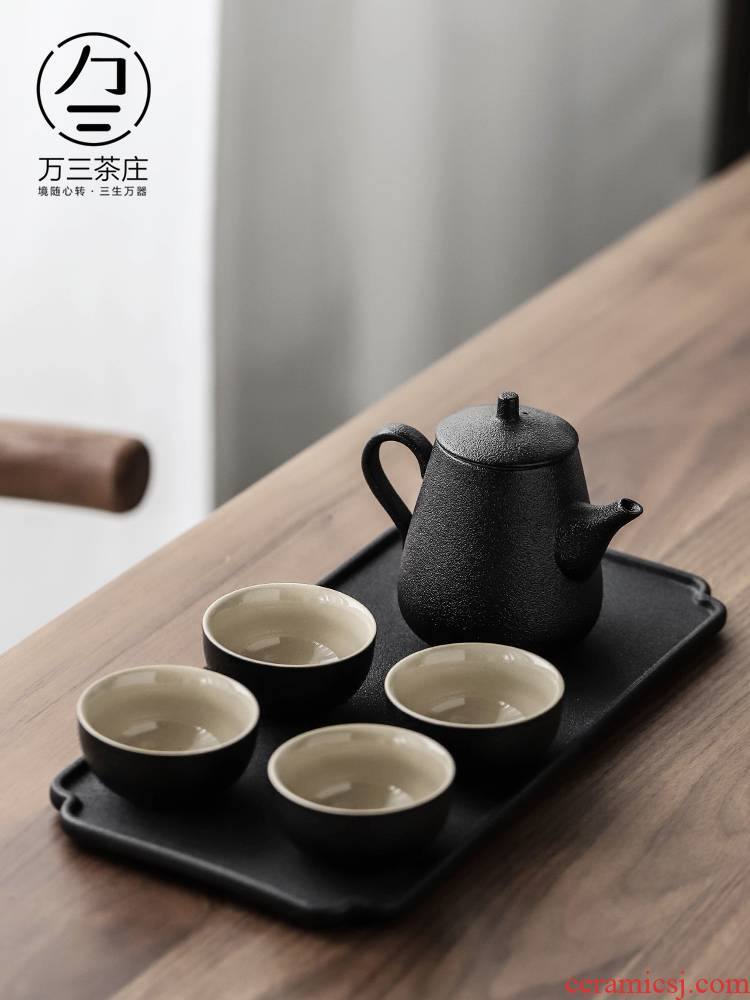 Three thousand ceramic tea village household kung fu tea sets tea tray was Japanese black pottery teapot dry plate of small tea cups