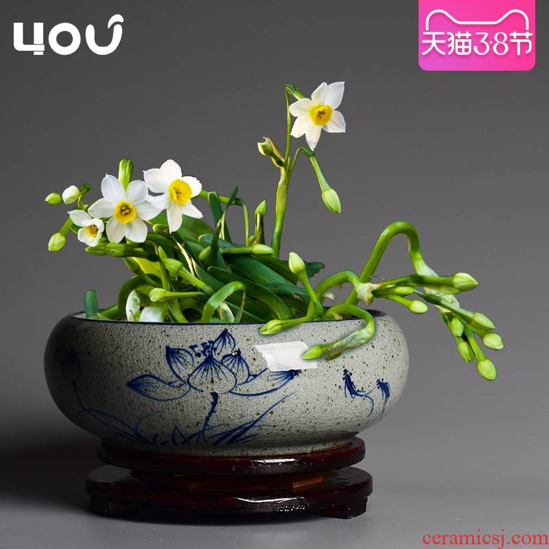 Huai daffodils basin hand - made ceramic restoring ancient ways round copper wire grass hydroponic water lily leaf lotus king faceplate