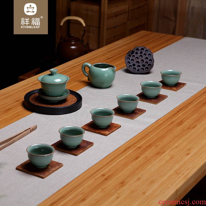 Auspicious blessing, longquan celadon kung fu tea sets tureen elder brother of the ice crack ceramics slicing can be 2 support a family contracted