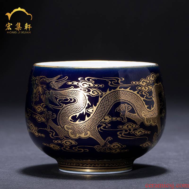 Ceramic kung fu tea masters cup ji blue paint dragon cup chicken cup sample tea cup individual cup of jingdezhen tea service by hand